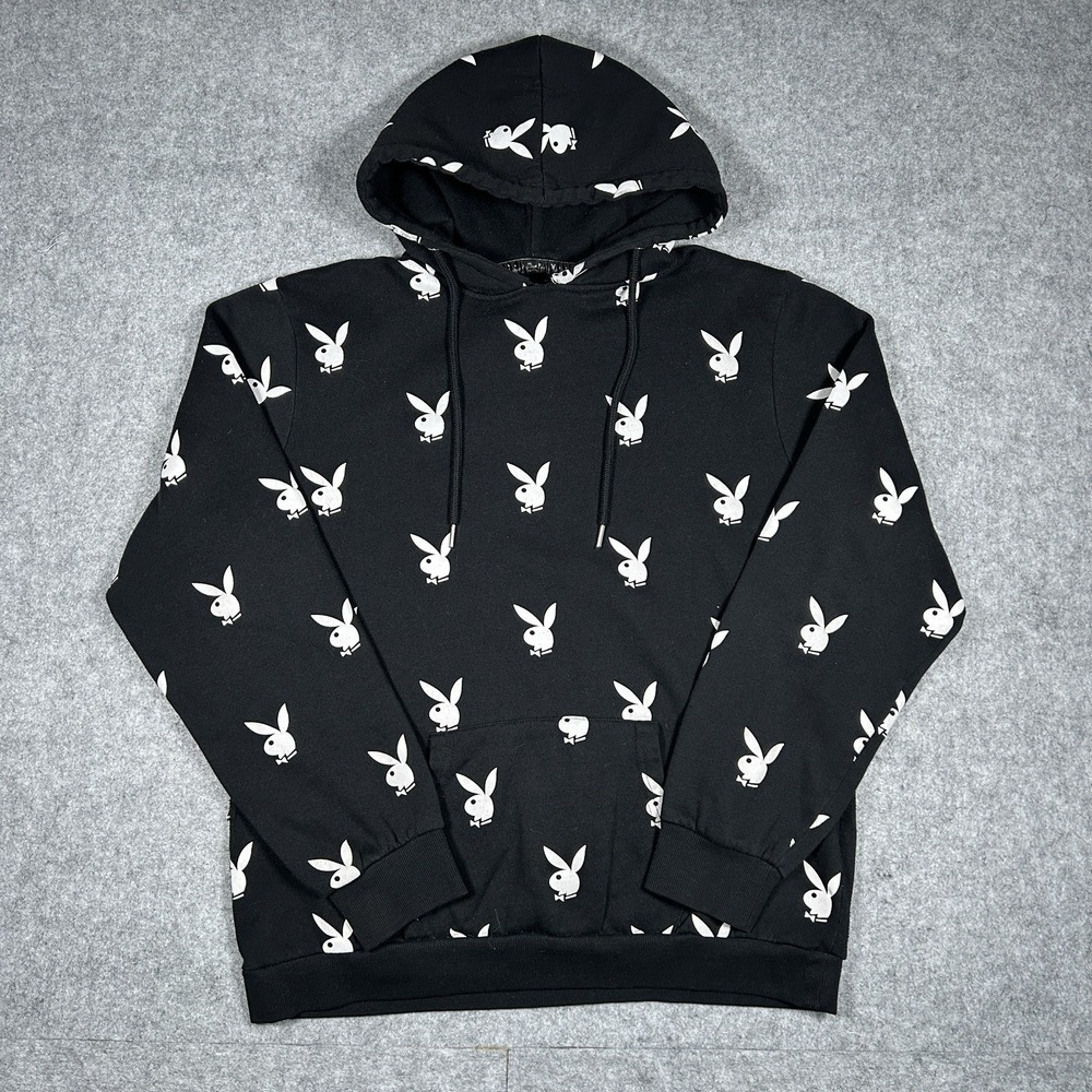 Playboy Pullover Hoodie Men's Size Medium Black‎ All Over Print Baggy AOP y2k